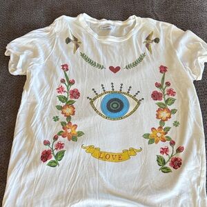 Lauren Moshi White Graphic Tee with Blue Eye & Floral Motif
